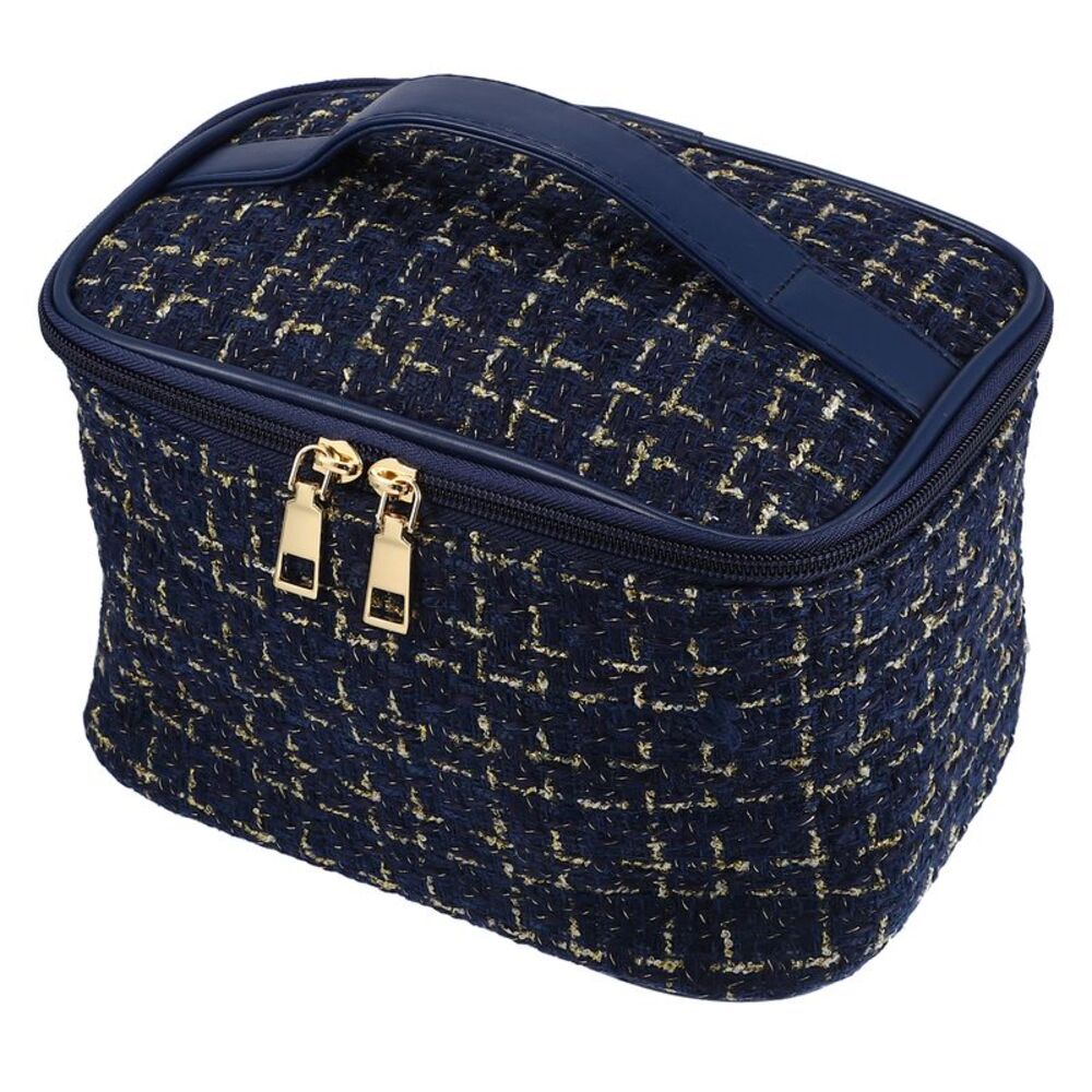 Plaid Pattern Large Cosmetic Travel Woolen Make Up Brush Organizer Bag Navy Blue